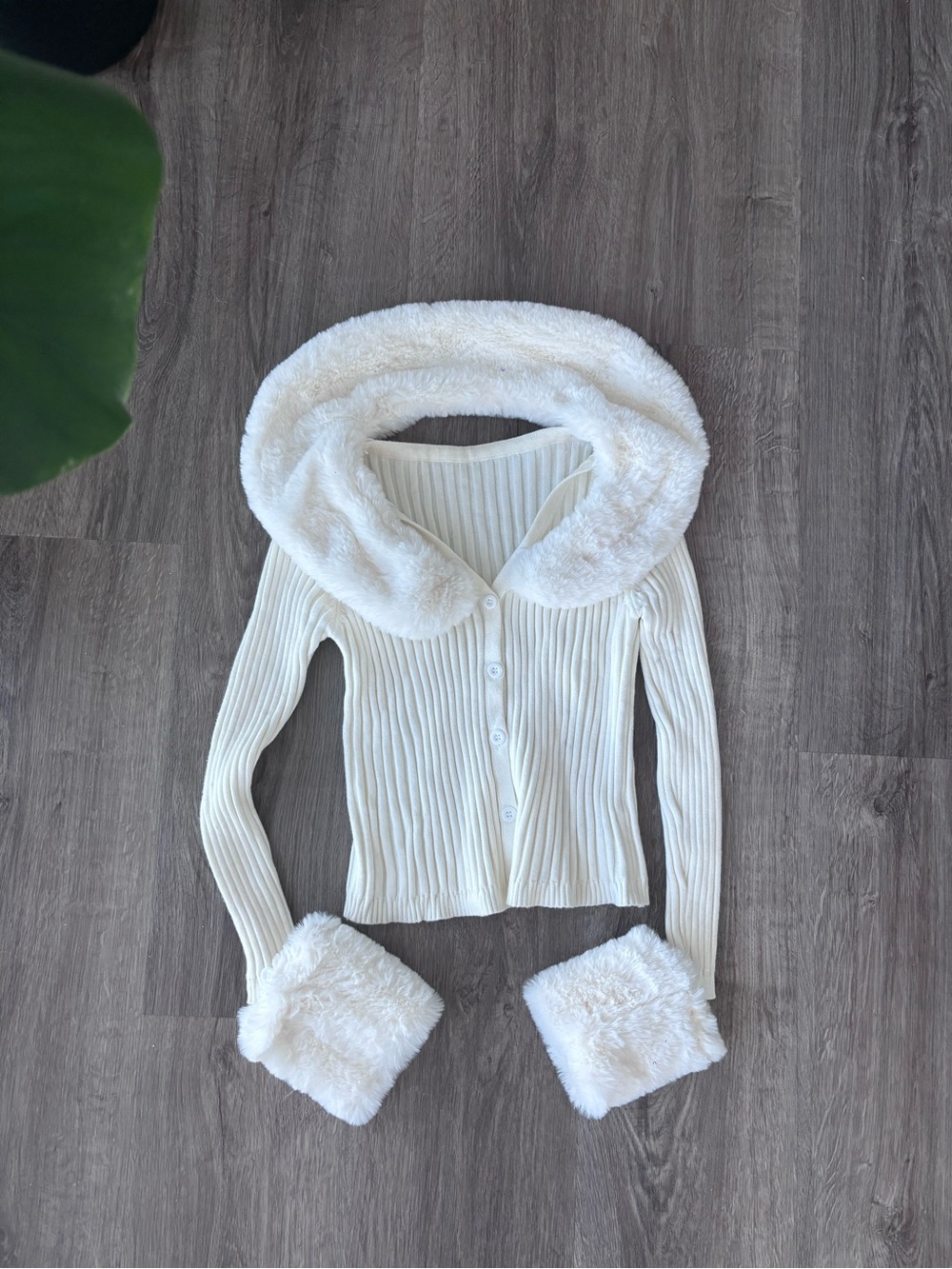 Women's Cream Ribbed Button Sweater with Faux Fur Trim